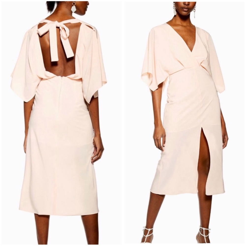 Topshop batwing v-neck pink wide sleeve open tie back backless front slit dress